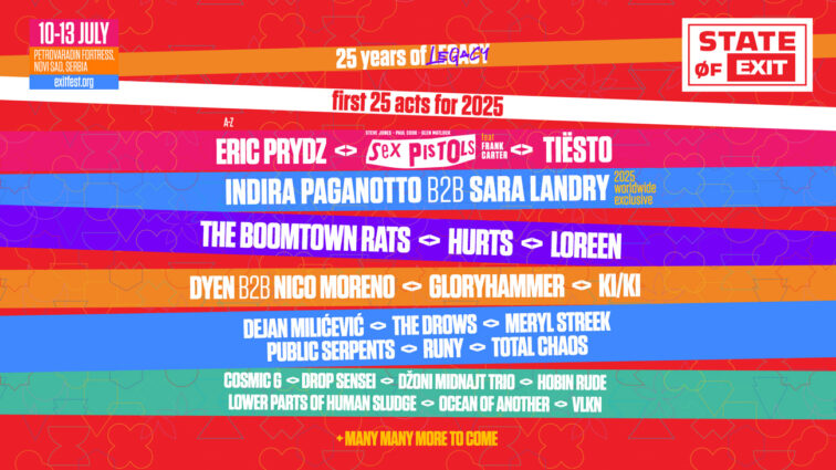 EXIT Festival anuncia a Indira Paganotto b2b Sara Landry, Eric Prydz y a los Sex Pistols con Frank Carter entre los primeros 25 artistas de su 25º aniversario